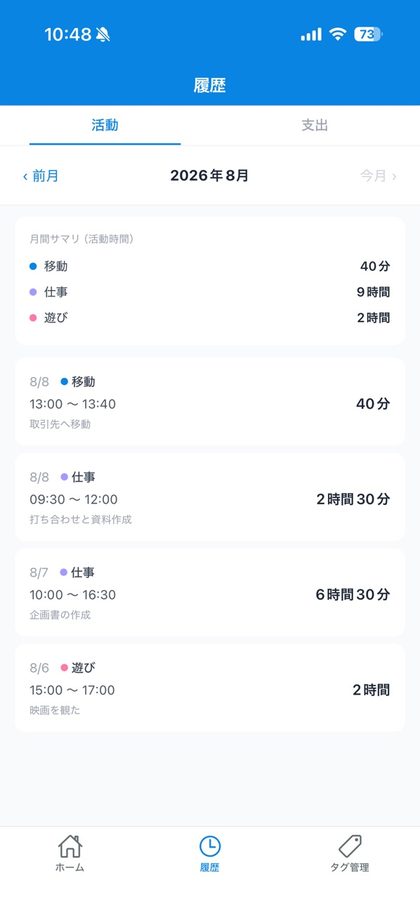 日々の履歴の画面。月ごとの活動時間のまとめ。